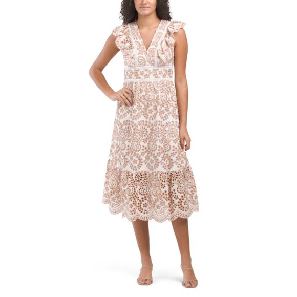 SHOSHANNA Tan Optic Cotton Eyelet Midi Dress